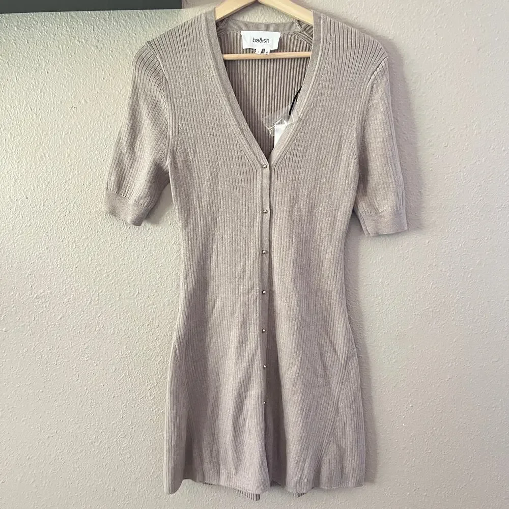 ba&sh Kao Rib A-line sweater mini dress in Beige